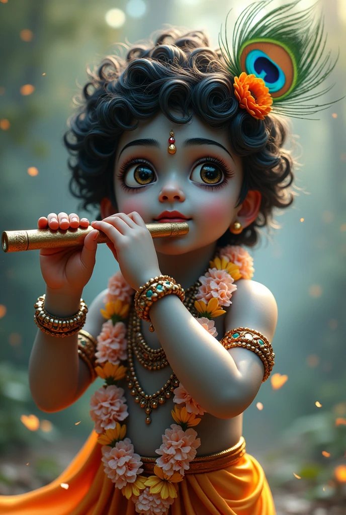 Lord krishna with complexion the color of rain clouds. He plays a flute, His smiling enchanting. He wears a peacock feather in His curly black hair and a flower garland around His neck.