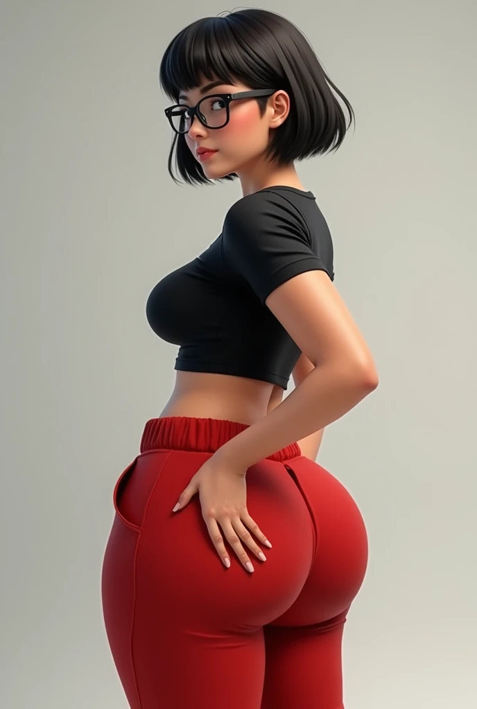 girl with glasses, short hair, with red sweatpants, a black top and a big butt