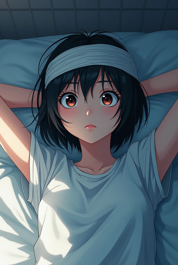 Anime girl with short black hair and her head wrapped in a bandage to avoid injury and the girl is 1 lying on the bed with her hands behind her head and looking at the surface with sharp features and wearing clothes similar to boys' clothes