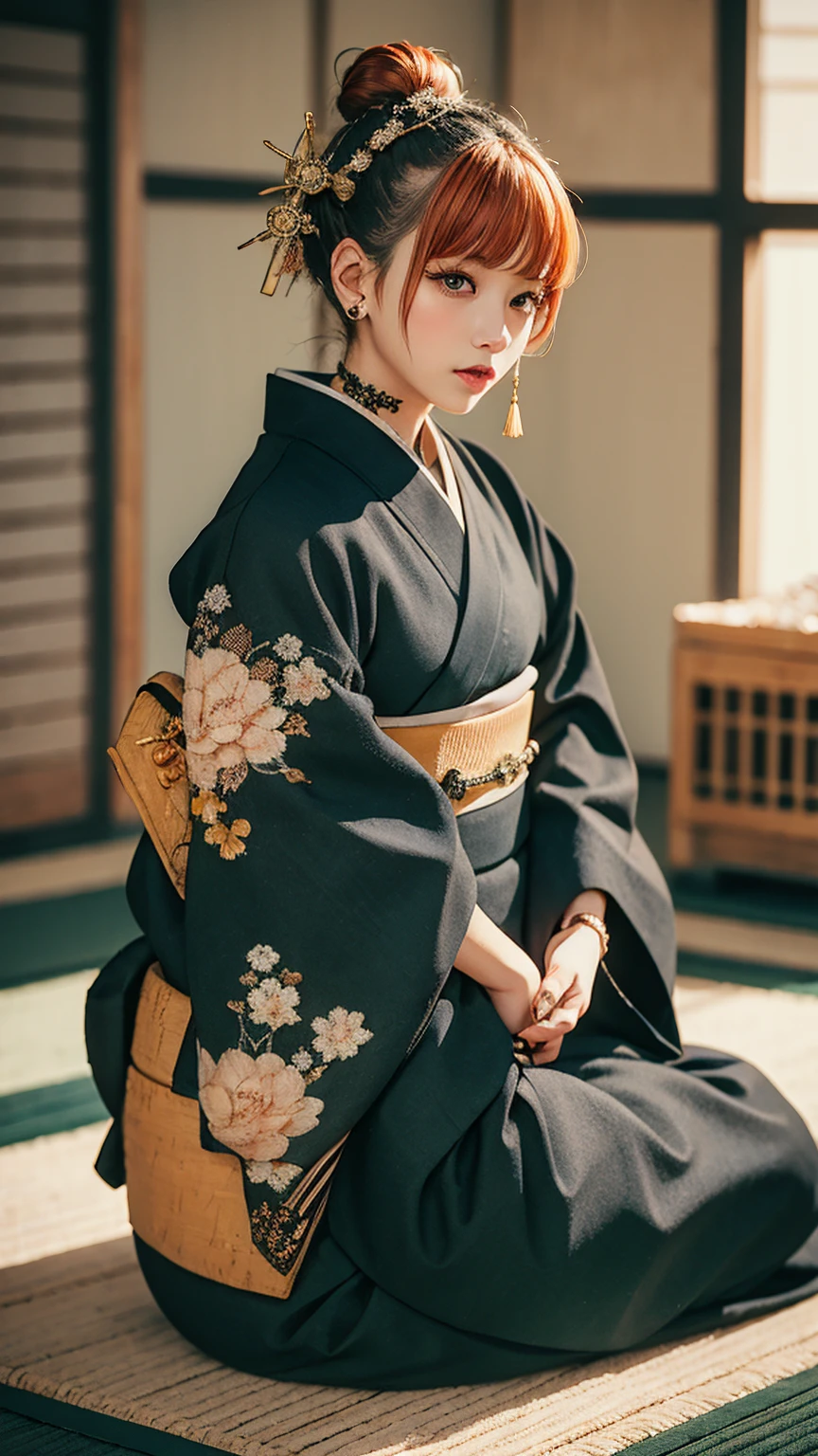 masterpiece, Highest quality, A solemn Japanese-style room with tatami mats, A large photograph of a woman from head to waist, Face from an angle, Chain-themed accessories, (Punk rock kimono, black地に赤＋gold:1.3), (black＋Orange Hair Color, Mid-length hair, Bun Hair), (blackい瞳, Sparkling eyes), (Lots of eyelashes)