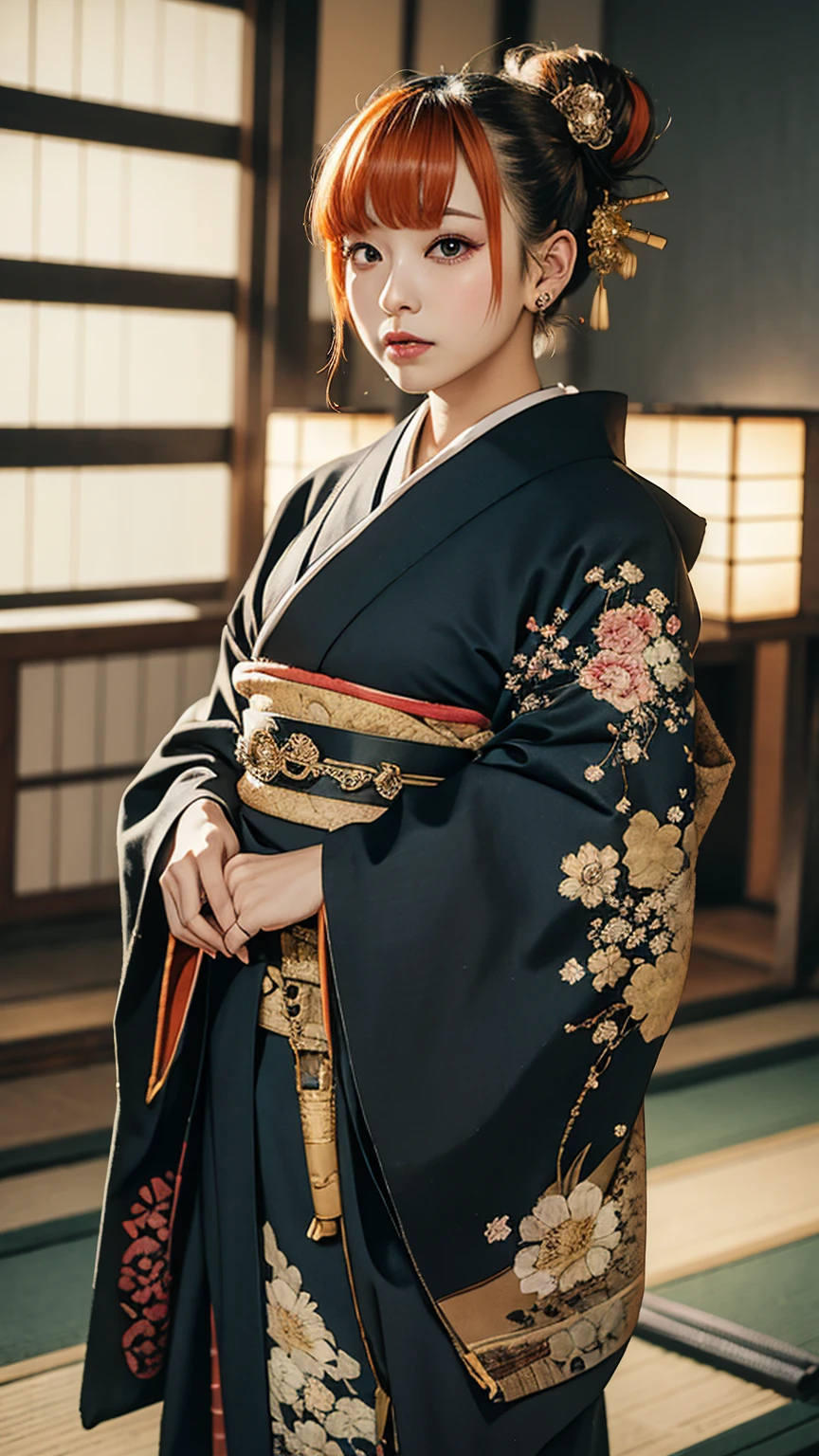 masterpiece, Highest quality, A solemn Japanese-style room with tatami mats, A large photograph of a woman from head to waist, Face from an angle, Chain-themed accessories, (Punk rock kimono, black地に赤+gold:1.3), (black+Orange Hair Color, Mid-length hair, Bun Hair), (blackい瞳, Sparkling eyes), (Lots of eyelashes)