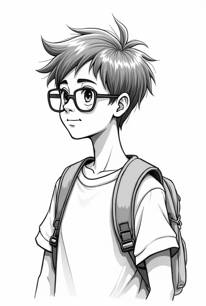 A boy with glasses and a backpack, Black and white drawing, strokes to paint