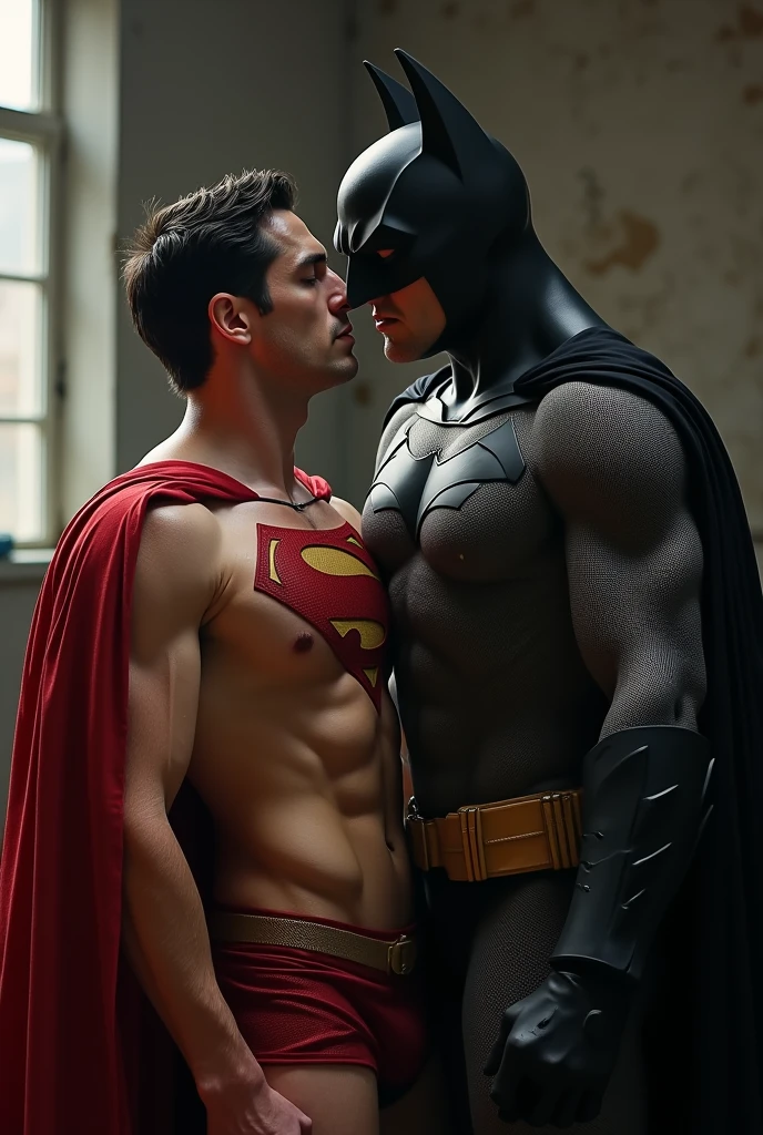 superman, half naked,lying , naked batman, on top of superman , superman's face :lust ; pleasure , batman's face :Dominant