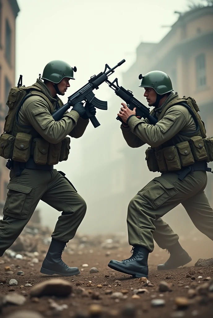 A soldier holding a Type 79 rifle is fighting another soldier holding an AK 47 rifle.
