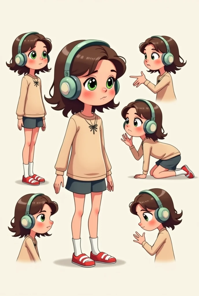 Give me several views of the cartoon character of a young girl with long wavy brown hair and green eyes, headphones and with shy expressions