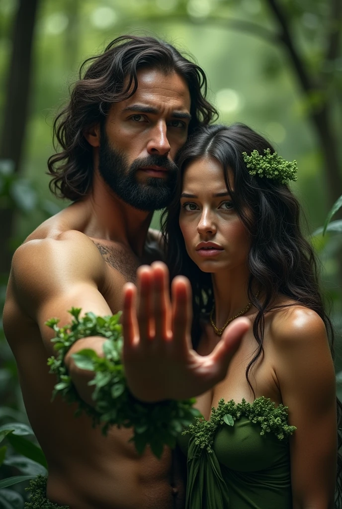 In front of a big waterfall in the forest, a naked boy and a naked girl are close to each other, holding     hands, their faces are turned towards the camera,   they are beautiful and clear, and the forest               environment is beautiful.  Produce   a   hyper           realistic photo.