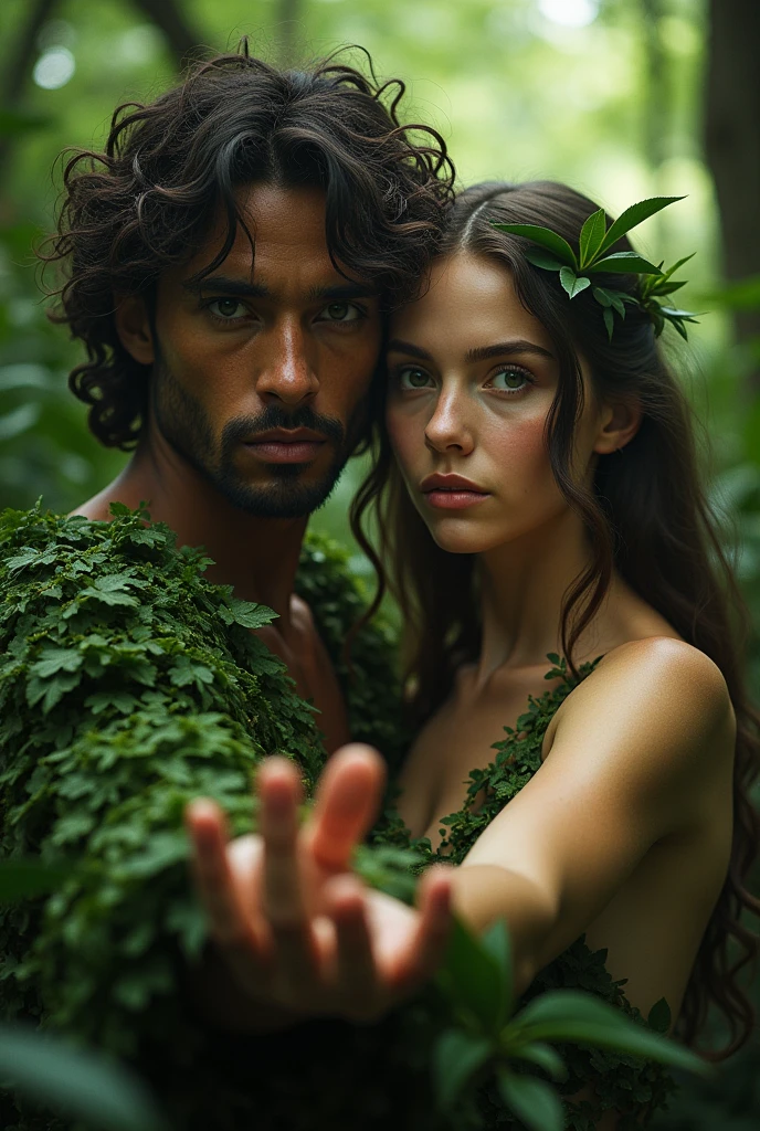 I&#39;m making some covers for my religion films, the movie cover must be full 4k, with hyper details, o tema do filme é a criação e queda feito por Adam and Eve, remember on this cover, the idea is to have two sides,and two people, Adam and Eve, they are close to the camera, in the image it appears from the breasts up, a strong man and a delicate woman with light brown hair, They are both scared trying to understand where they are, this cover must have 1 focus point and 1 out of focus point, they are in the forest, had ended, to arrive, they are scared and sweating a lot, put eva&#39;s hand in front of the camera, trying to ask for help, their clothes are made of green plants, they are using plants as clothes, the movie cover has a very great power, superior coming from above. And the clear facial features, cinematographic, 35mm lens, f/1.8, Accent lighting, global lighting –uplight –v 4
