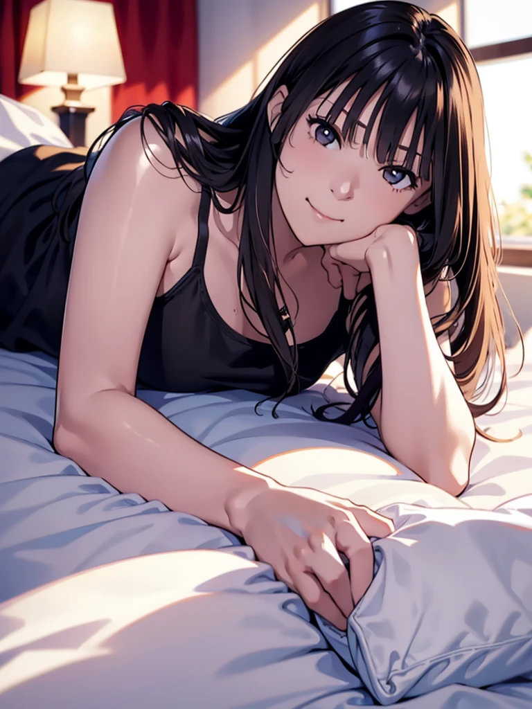 One Woman, cute, adorable, smiling, straight hair, long hair, black hair, morning, sunny, looking at the camera, bedroom, sunlight, tank top pajamas, (Resting chin:1.8) (on both hands:1.5), lying on bed, on stomach, on belly, (put stomach on bed:1.3)