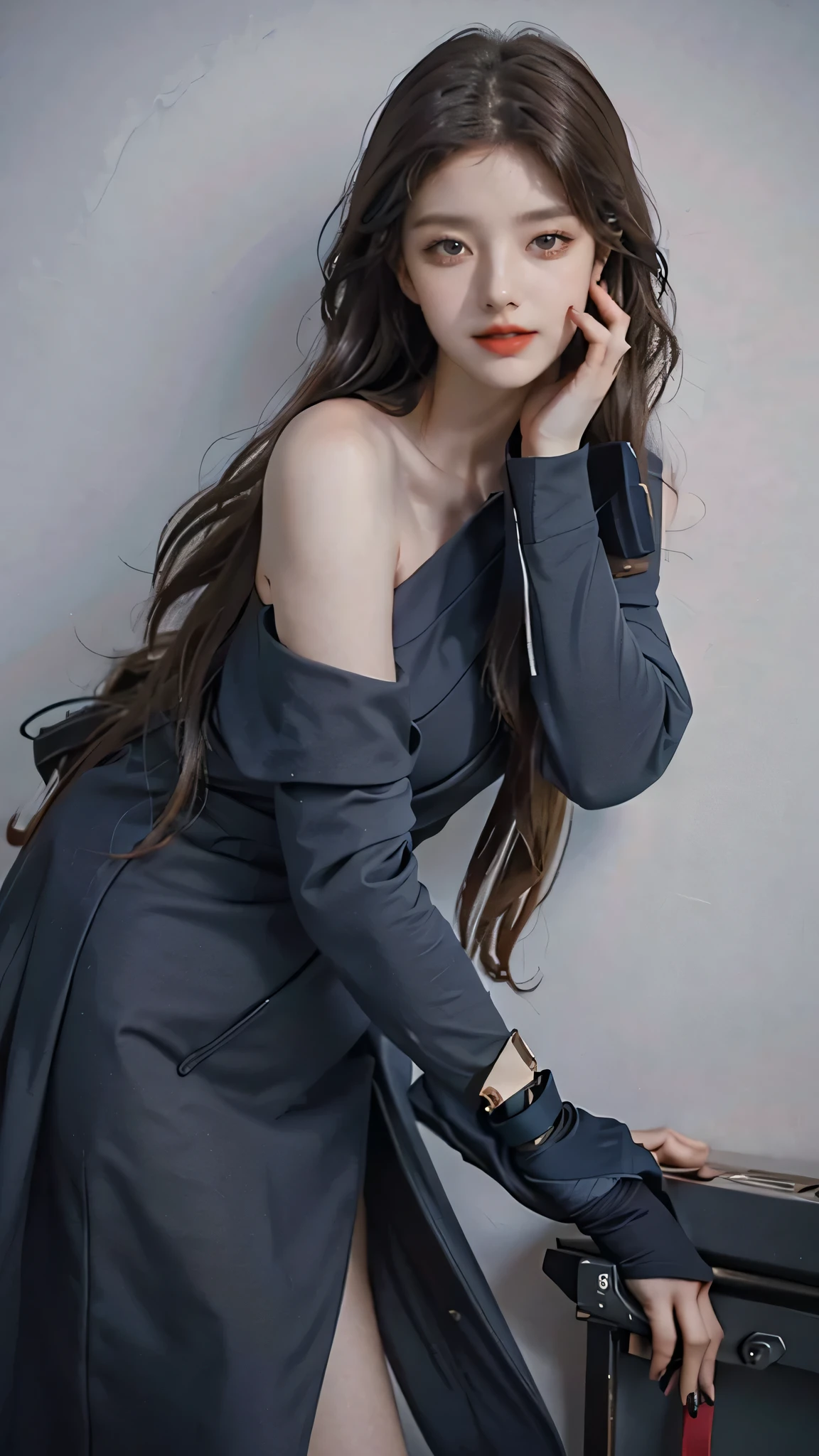 Girl wearing, luxury navy blue coat, shoulder length hair, wavy hair, glowing skin, star in eye, red lips, grey background, cute poses
