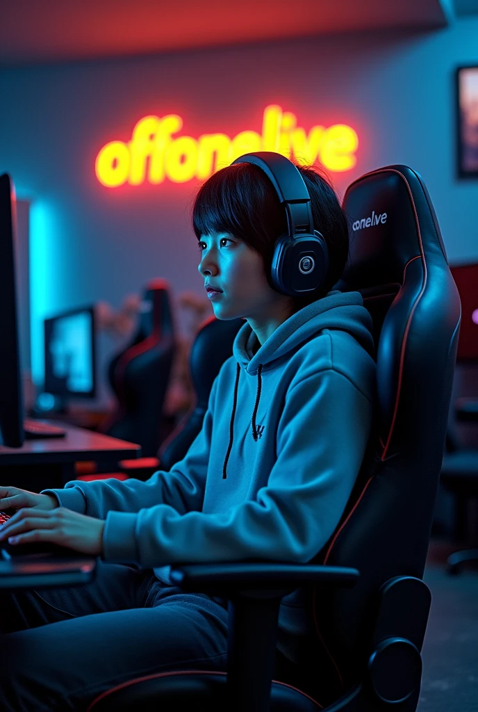 The pubg player sit on the gamer chair and the channel name on back wall name is offonelive