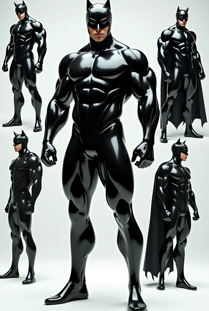 "Generate images of men's suits that highlight muscles and fitness, inspired by Catwoman's style. The suits must be black, bright and tight, highlighting the following physical attributes:
- Leg muscles (Quadriceps - Broad and defined shoulders - Muscular and defined arms - Athletic and toned physique Includes different styles and variations, as:
- Trajes enteros que cubran el torso y las piernas
- Trajes que dejen el torso al descubierto y se centren en las piernas y los brazos
- Trajes con capas o detalles que resalten la forma física
Utiliza materiales as vinilo, latex or leather to give a shiny, tight look. Create realistic and detailed images that show the costumes from different angles."