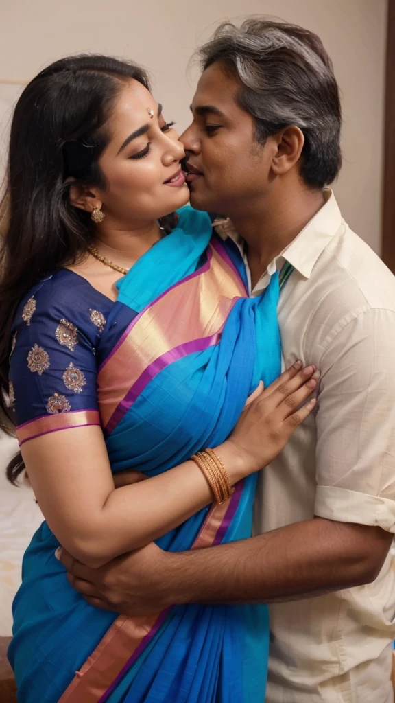 Close up shot, A radiant South Indian 2, chiffon white colour chiffon saree wearing plus sized girl ,with her curvaceous figure , hugging and kissing on the lips of a jubilant 60 year old  joyous embrace in a bedroom, captured in a full body image with vibrant colors and intricate details. Full body image