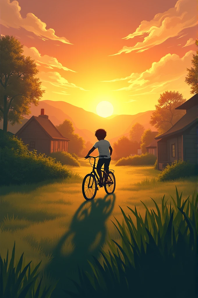 A greenground with and cycle with kid sunset in village
only show shadows