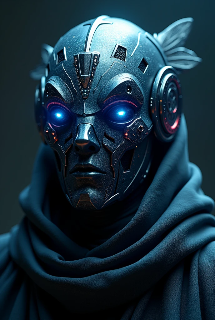 realistic, shiny, reflective, bioluminic, galactic cybernetic mask, mackerel mecha, (assassin:1.2), scarf, cloak, sh4g0d, GlowingRunes_red, fullbody, cinemnatic, dark background, backlight, high contrast,