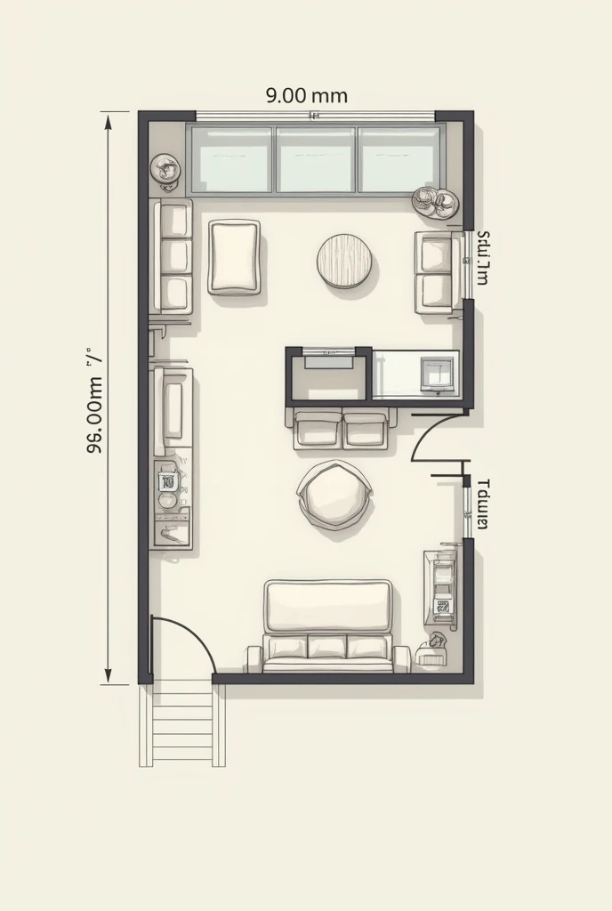 Make a floor plan of a room with the following specifications Room dimensions: 9.00 Length 3.00 Width Desired distribution (For example, Do you want a master sofa?, armchairs, Center table, TV area): a little bit of everything Style: minimalist Other details: A window on the right side ( on the wall of 3.00), 2 windows on the front (on the wall of 9.00) and between the 2 windows a door