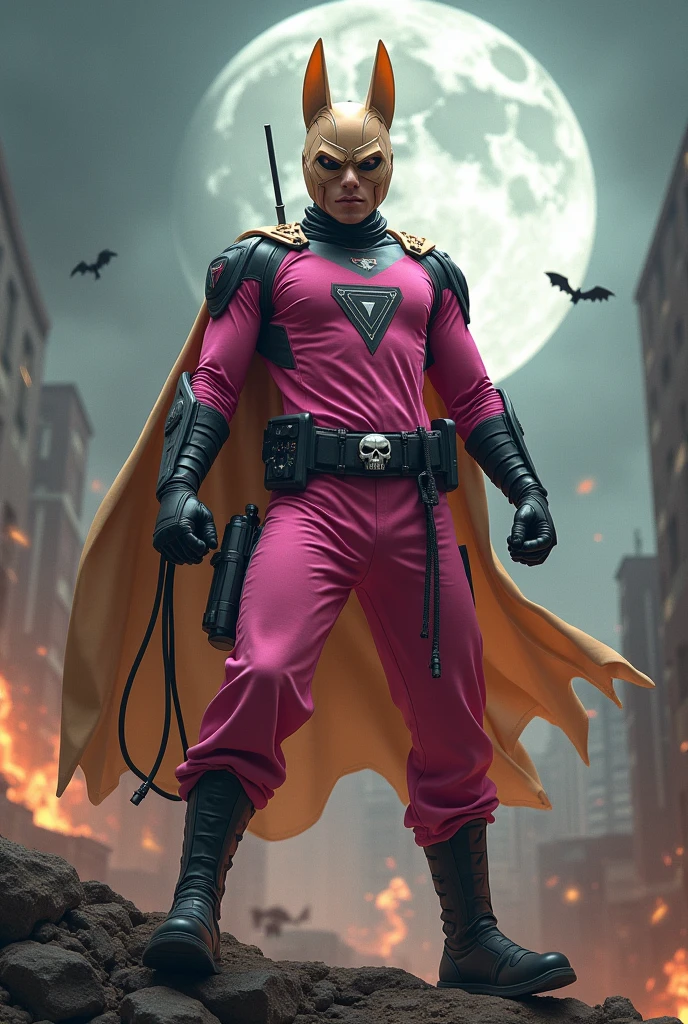 Malaysia man in high-tech suit, vivid effects, malaysian superhero (KELUANG MAN)(( in a striking pink and beige costume cyberpunk design, mask small mini bat ear beige, daredevil beige mask, ))jumpsuit dark pink stands confidently in a dramatic.jumping from high place.hero costume.one hand rise up. Big triangle logo on the chest.high detail Punisher logo on the chest. Fighting pose , stormy landscape. ((Head covered node guard like batman. Running pose , athletic body type, small mini ear bat mask))The character wears domino mask a helmet with pointed mini torn ears and a flowing cape biege, open nose and mouth. Equipped with visible futuristic weapons on a belt,bullet proof jacket pink dark day.show fingers pose, dark night, big supermoon effect . Small logo on chest triangle shape small punisher logo center(( skull triangle Casey Jones mask shape logo)) center on chest pink logo mini logo . rocky. Building top.smoke ground.((jumping from the building Man hangging on the black rope)) , bomb effect background, losse pants, losses costume.adding to --ar 3:4 --style raw --stylize 500 --v 6.1. chaos. Lot of small flying bat. One leg on the high stone. Man. Wear hologram watch.. Real man age 40 year old. One hand holding belt.exoskeleton. one hand holding black rope hanging on building. Big pant pink. Beige cape joodie.(( Loose pant)) , jump on high building)marvel , X-Men.