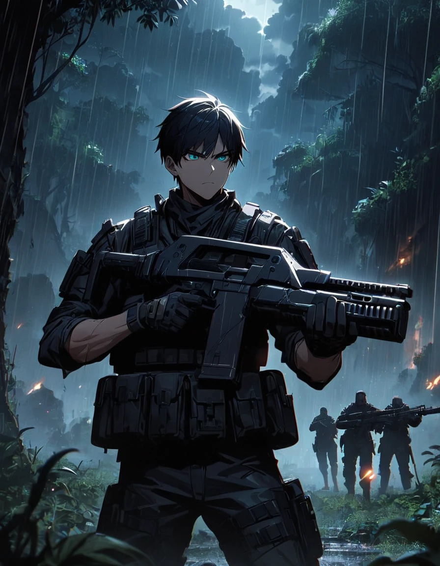 Masterpiece, best quality, 1 man, A 30-year-old man, Focus Man, alone, alone focus, black hair, Turquoise eyes, Black bulletproof vest, Mercenaries, (Holding an assault rifle), Standing position, Standing positionยิง, Battlefield backdrop,jungle, Dark theme, Overgrown forest, Diffused light, rain, Moonlit clouds, War zone, serious, A solemn face, Hazardous atmosphere.