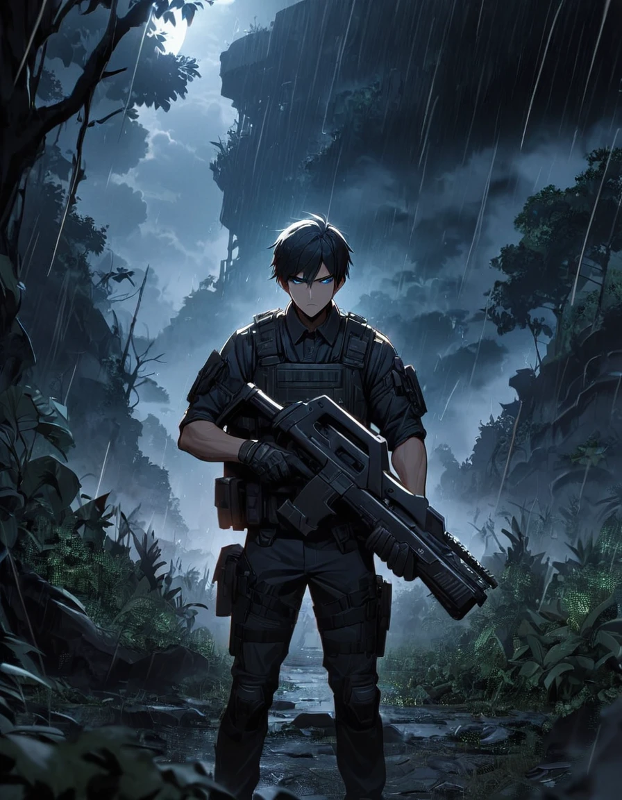 Masterpiece, best quality, 1 man, A 30-year-old man, Focus Man, alone, alone focus, black hair, Turquoise eyes, Black bulletproof vest, Mercenaries, (Holding an assault rifle), Standing position, Standing positionยิง, Battlefield backdrop,jungle, Dark theme, Overgrown forest, Diffused light, rain, Moonlit clouds, War zone, serious, A solemn face, Hazardous atmosphere.