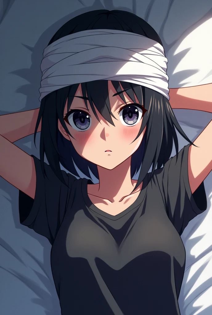 Anime girl with short black hair and her head wrapped in a bandage to avoid injury and the girl is 1 lying on the bed with her hands behind her head and looking at the surface with sharp features and wearing clothes similar to boys' clothes