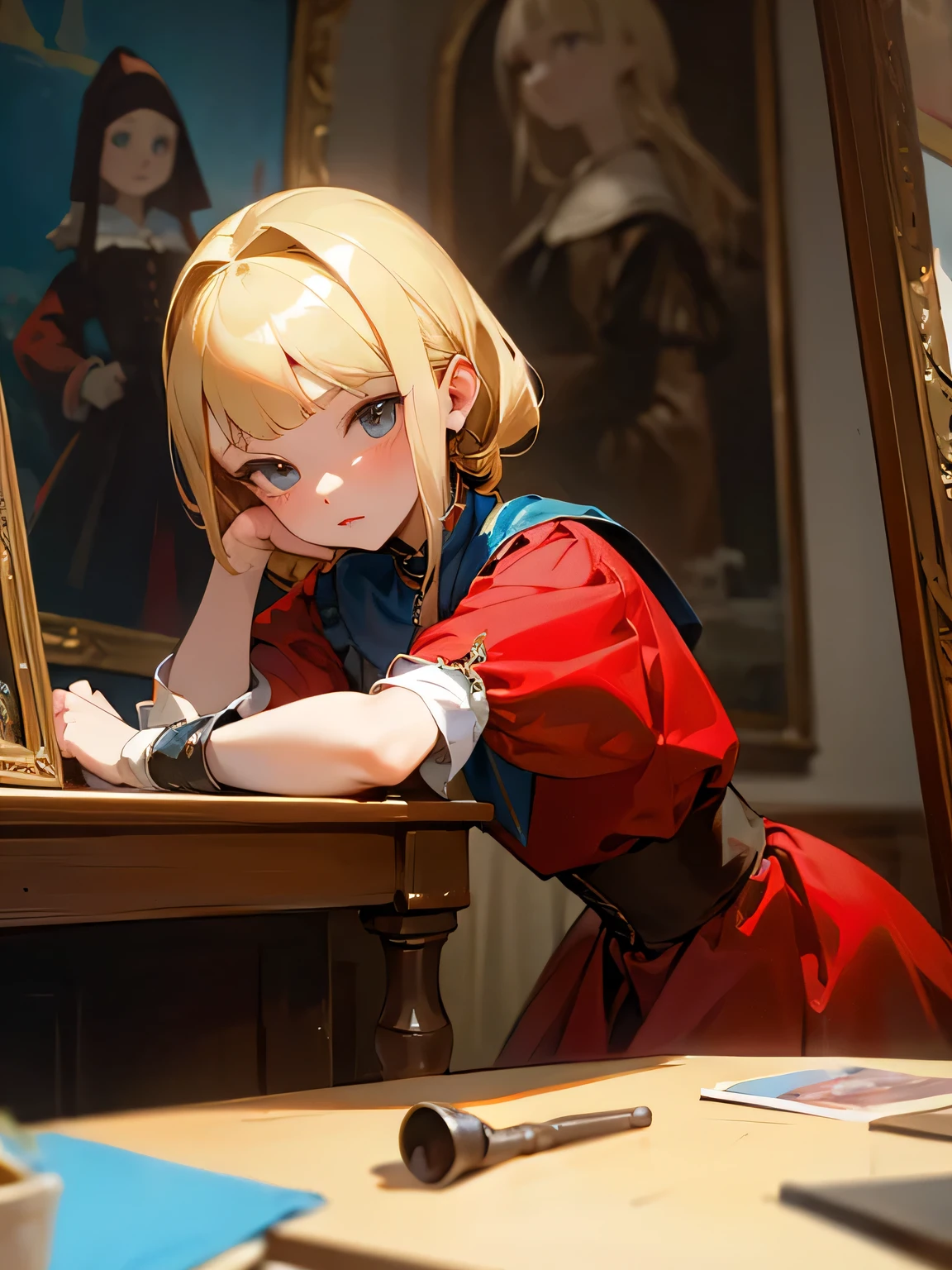 Tabletop, girl,World Masterpiece Theatre, Ride Blonde Hair,  Adult Red Lady,  shape, Looking at the audience, Material, canvas, Oil,  Vermeer Artist ,