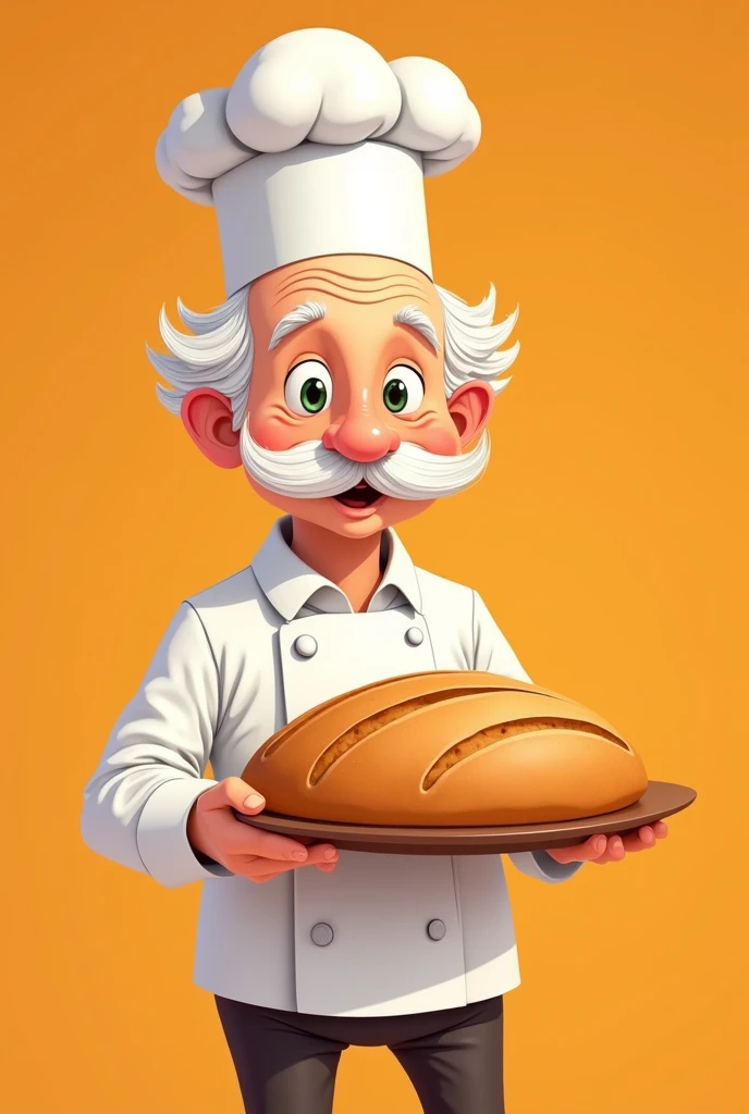 Elderly white man with short curly hair wearing a chef's hat and a mustache without a beard, cartoon style, on an orange background offering a large loaf of bread