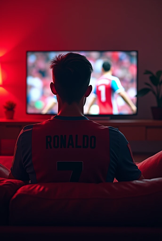 A person watching tv with shirt name ‘Ronaldo’ and number 7 whole tv should be visible and lighting of the room will redish type