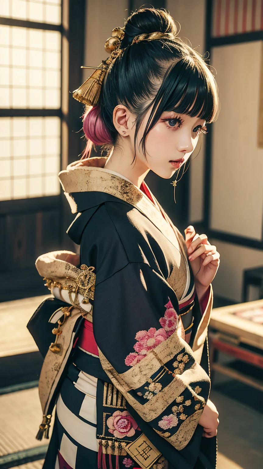 masterpiece, Highest quality, A solemn Japanese-style room with tatami mats, A large photograph of a woman from head to waist, Face from an angle, Chain-themed accessories, (Punk rock kimono, black地に赤＋gold:1.3), (black＋passion pink hair color, Mid-length hair, Bun Hair), (blackい瞳, Sparkling eyes), (Lots of eyelashes)