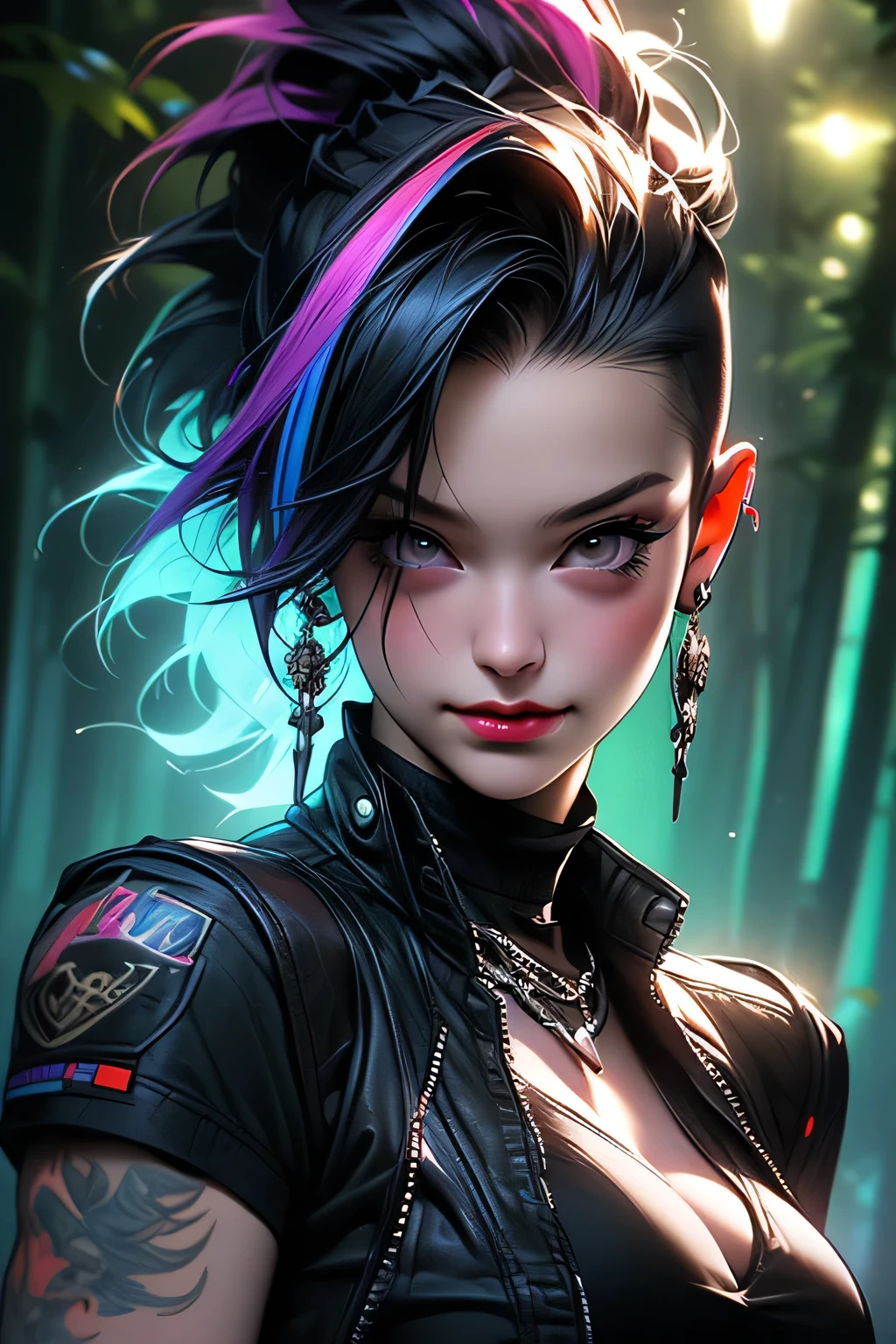 Professional:1.Six models, (最high quality, 4K, 8k, High resolution, masterpiece:1.2), Very detailed, Realist, Punk Style, Punk Fashion, ((Upper body portrait)), Spiked clothing, Chain Accessories, Rebel Pose, Mohawk Alto, Fancy rainbow hair, (Night forest background), Studio Lighting, Dynamic poses and grace、masterpiece, 最high quality, high quality, High resolution, ((Upper body portrait)), Upper body portrait、super big breasts sexy、With a smile