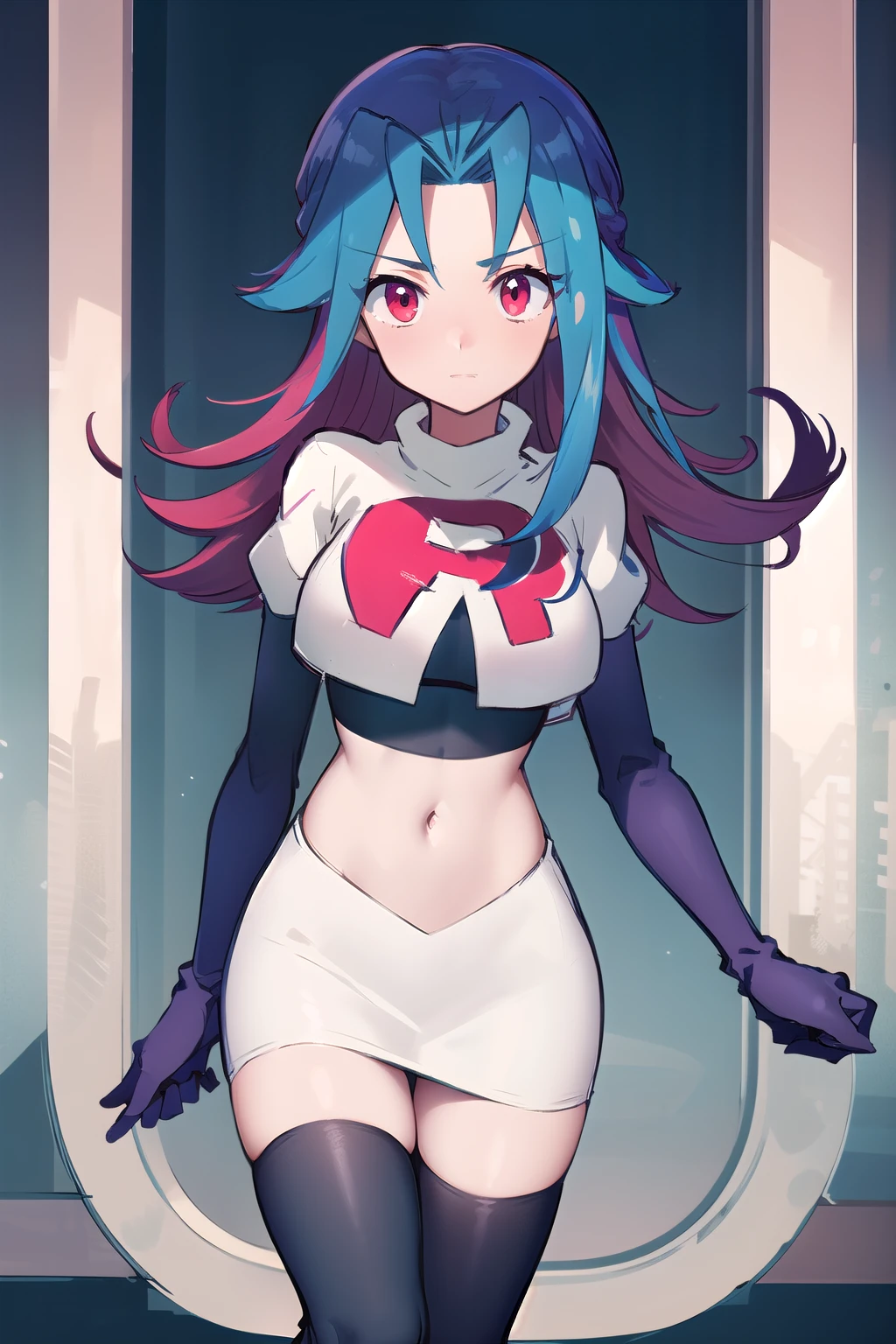masterpiece, best quality, highres, kr1, multicolored hair, dyed bangs, team rocket,team rocket uniform,white skirt,red letter R,crop top,black thigh-highs,black elbow gloves, cowboy shot,
