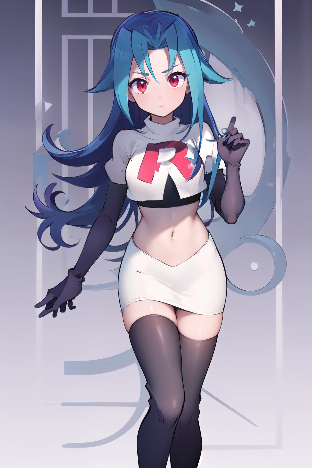 masterpiece, best quality, highres, kr1, multicolored hair, dyed bangs, team rocket,team rocket uniform,white skirt,red letter R,crop top,black thigh-highs,black elbow gloves, cowboy shot, 