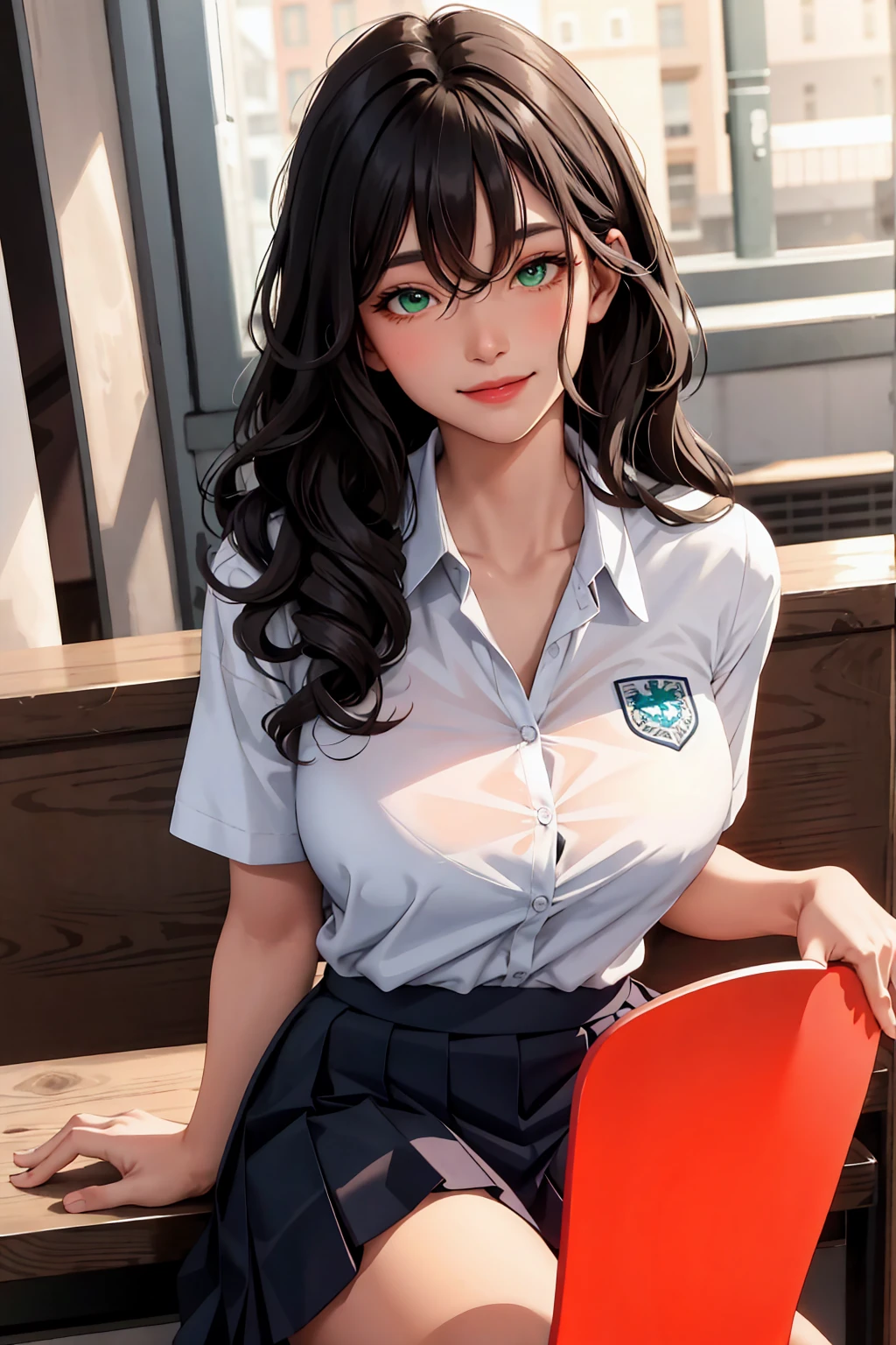 (masterpiece:1.2, best quality), (real picture, intricate details), 1lady, solo, upper body, sitting down, showing legs, casual, school setting, long hair, light makeup, natural fabrics, close-up face, smile, smiling, school, curly black hair, dark hair, curly long hair, curly hair, really long curly hair, bangs, hair bangs, bangs between eyes, green eyes, big breasts, big tits, big butt, skirt, school shirt, school skirt, blue skirt, school skirt, proper uniform clothes, SFW, school proper uniform, goth girl uniform, school, big breasts, big tits, green eyes, tan skin, tanned skin, tan skin, tan skin curly hair, long curly hair