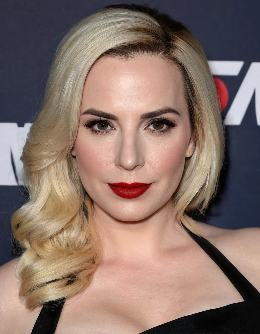 A waist-up portrait of a beautiful female whose facial features are a combination of Meghan McCain + Hayley Atwell. The female has lovely makeup on her face. The female wears red lipstick. Symmetrical eyes. Symmetrical face. Lovely details. Photorealistic. Full-colored photo. Professional photo. Highly detailed 8K.