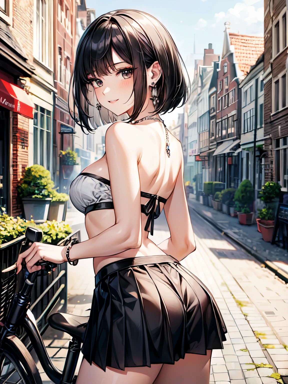 ((masterpiece, Highest quality, Very detailed)), anime CG,
One girl, 20 years old, full makeup, black hair, bob cut, swept bangs, BREAK ((black eyes)), droopy eyes, thick thighs, medium breasts,
((lots of pierced earrings, silver chain necklace, silver bracelet)),
((bare belly button, belly piercing)),
NSFW,
BREAK looking back, from behind, looking at camera, ((focus ass)), smile,
BREAK ((black cropped bandeau top)), ((cleavage)), (black pleated mini skirt with belt)), ((black sandals)),
BREAK Outdoors, Amsterdam exterior, daytime, large windows, bicycles parked nearby, Dutch architecture, cozy atmosphere, warm colors, soft natural light,