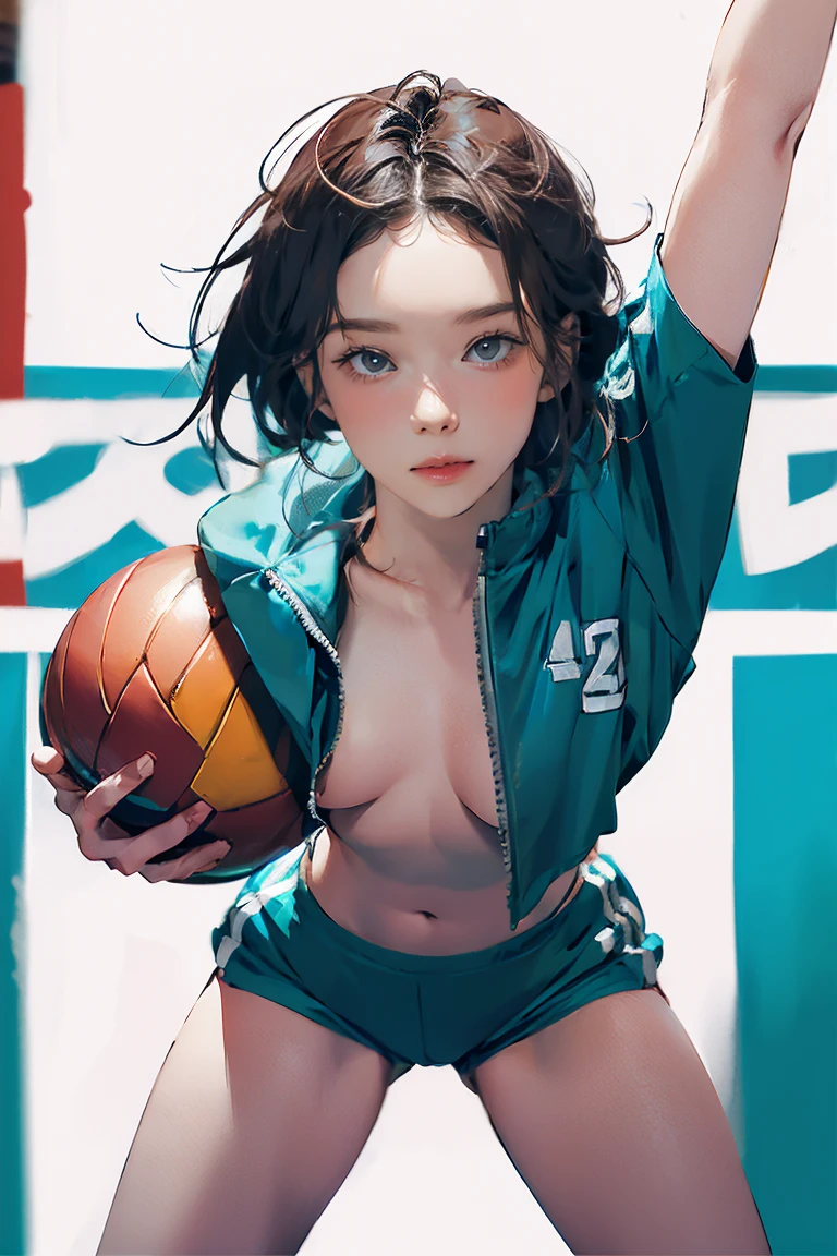 8k, RAW Photos, Highest quality, masterpiece, practical, reality, (1. Exquisite beauty), 2, Nice，The face is rich in detail, (Perfect Teeth), Delicate eyes, double eyelid, eyelash, Grin, Lips Detail, Brown bob hair, Natural Breasts, ((Sexy Japanese volleyball)), ((Teal sexy sports shorts))Soft Light, ((Depth of the written border)) 、Shot in the back、all、Stick your butt out、Spread your legs、the body is slim、Inverted nipples, High Jump Jacket,Sporting goods，Leaked，