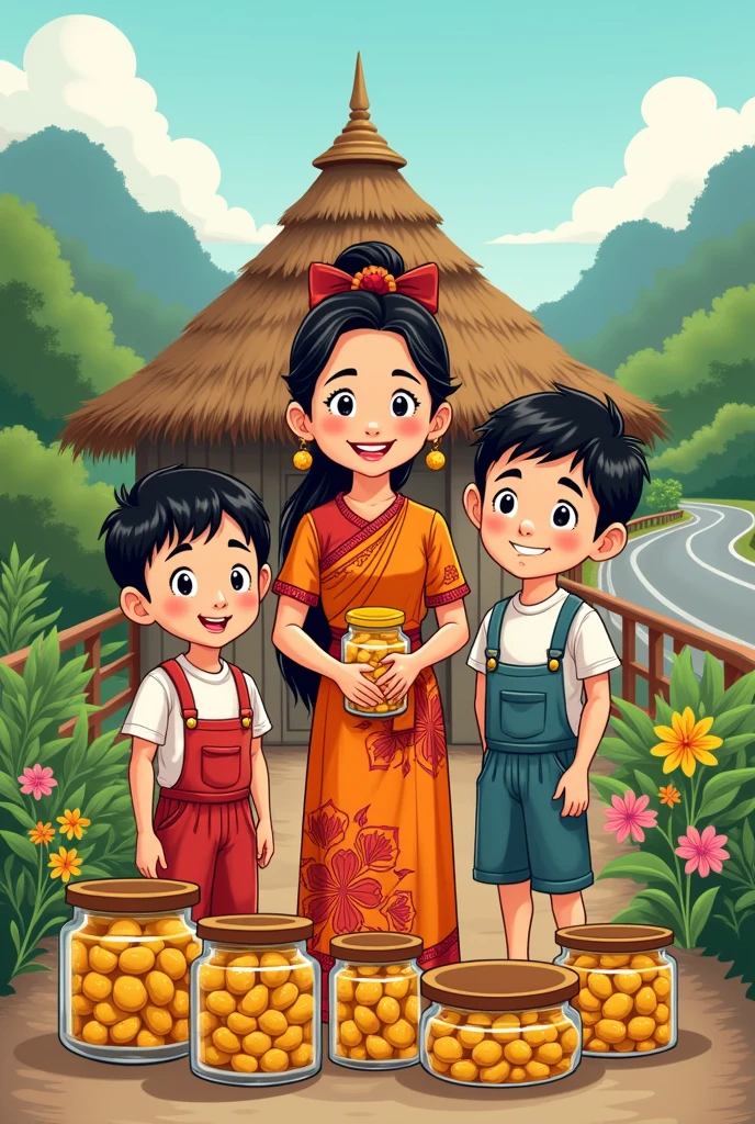 A cartoon image logo
of Myanmar mother and and boys selling pickle mustard Infront of the hut beside highway road