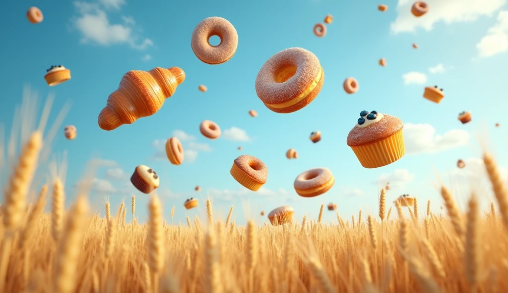 A photorealistic image captures a golden wheat field under a clear sky, where an unusual and whimsical phenomenon is occurring. From the bright blue sky above, a variety of delicious baked goods are gently falling, as if dropped by some unseen force. The wheat sways lightly in the breeze, golden stalks standing tall, creating a rich contrast against the blue sky.

The baked goods vary in size and type—freshly baked croissants with a delicate, flaky texture, warm, crusty baguettes, soft, sugar-dusted donuts, and golden-brown muffins dotted with blueberries. Each pastry appears perfectly baked, with visible details such as the crisp edges, the soft crumb, and the glossy glaze on some of the items. As they fall, some of the pastries are caught mid-air, while others are seen gently landing on the wheat, causing the stalks to bend slightly under their weight.

The sunlight highlights the golden hues of both the wheat and the baked goods, casting a warm, inviting glow over the entire scene. The sky is clear, with just a few wispy clouds, and the surreal rain of pastries adds a playful, dreamlike quality to the image. The overall tone is whimsical and surreal, combining the natural beauty of the wheat field with the unexpected delight of falling treats.