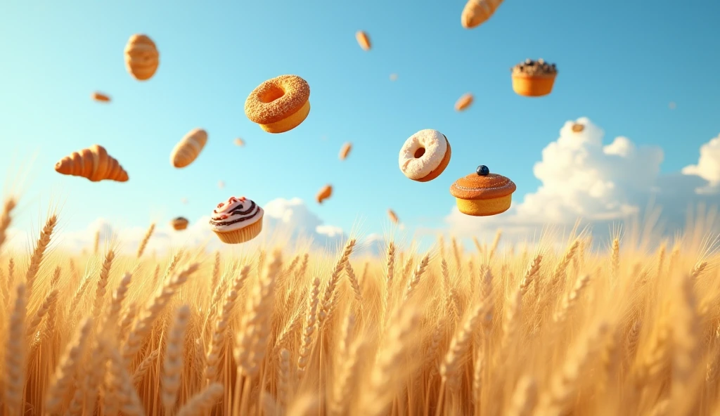 A photorealistic image captures a golden wheat field under a clear sky, where an unusual and whimsical phenomenon is occurring. From the bright blue sky above, a variety of delicious baked goods are gently falling, as if dropped by some unseen force. The wheat sways lightly in the breeze, golden stalks standing tall, creating a rich contrast against the blue sky.

The baked goods vary in size and type—freshly baked croissants with a delicate, flaky texture, warm, crusty baguettes, soft, sugar-dusted donuts, and golden-brown muffins dotted with blueberries. Each pastry appears perfectly baked, with visible details such as the crisp edges, the soft crumb, and the glossy glaze on some of the items. As they fall, some of the pastries are caught mid-air, while others are seen gently landing on the wheat, causing the stalks to bend slightly under their weight.

The sunlight highlights the golden hues of both the wheat and the baked goods, casting a warm, inviting glow over the entire scene. The sky is clear, with just a few wispy clouds, and the surreal rain of pastries adds a playful, dreamlike quality to the image. The overall tone is whimsical and surreal, combining the natural beauty of the wheat field with the unexpected delight of falling treats.