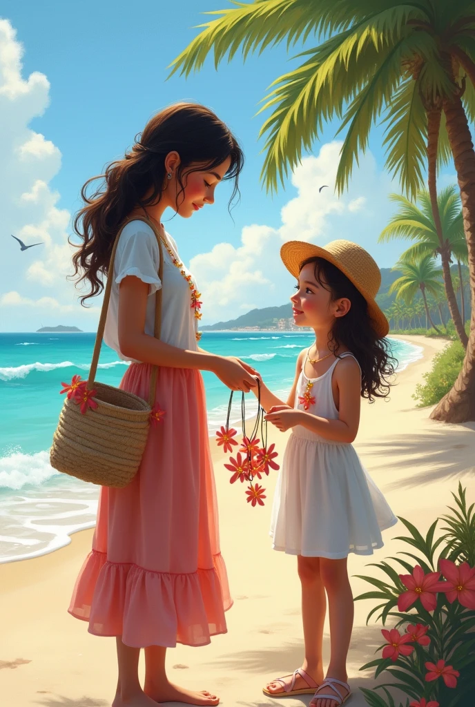 art of mother and child selling flower necklace near beach