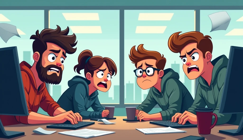Create a cartoon-style image of a team of software developers looking dejected because they feel their work is not appreciated.