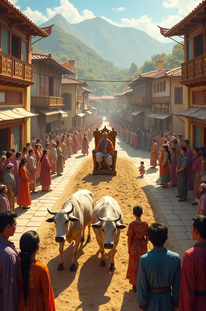A square in the middle of a beautiful village where the villagers have gathered, a chief sitting on a chair in the middle, a man plowing two men