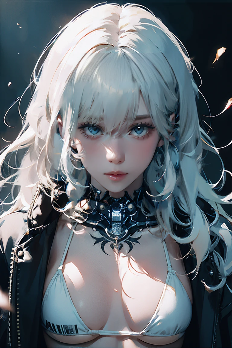 (masterpiece, Highest quality:1.2), 1 person, alone, Close-up of a woman in bikini and jacket posing on a railing, cyber punk, cyber punkオッパイ, cyber punkアニメアート,NSFW, ((Woman with tattoo on chest)), Erect nipples, ((Short white hair with bangs, Black strands of hair)), Purple eyes,. 超High resolution.Realistic. 超High resolution.Realistic:1.4,超High resolution. Realistic,High resolutionで, masterpiece, Highest quality, Very detailed, Better Shadows, Volumetric lighting), super high quality, High resolution, 8k, 超Realisticな肖像画 , Realistic, Dynamic Lighting, Volumetric lighting, Very detailed顔
