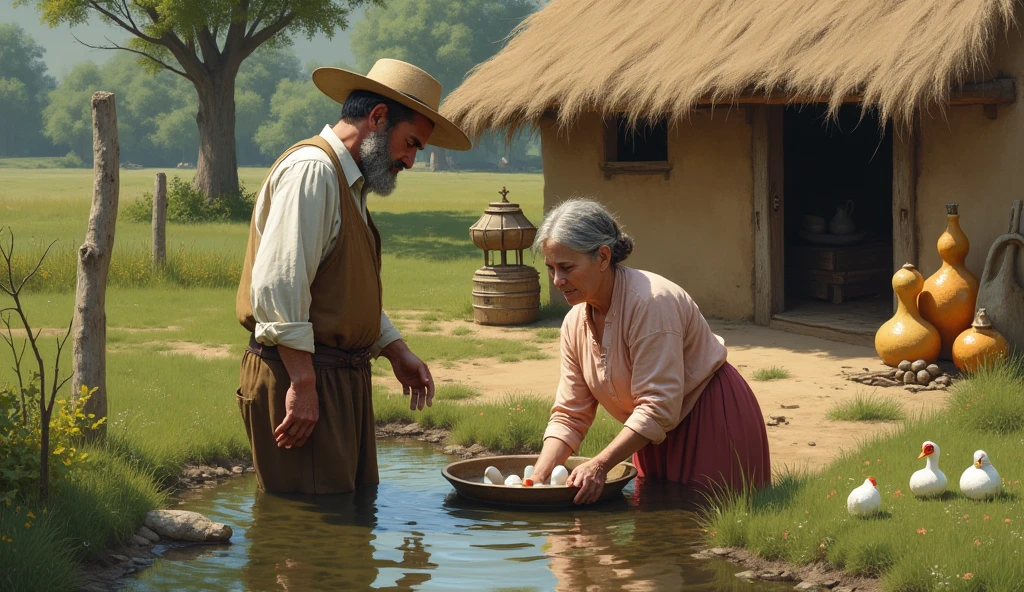 A farmer and his wife in front of a mud and straw house with a small pond in the yard and a gourd stand next to the pond and the wife washing duck eggs in the pond. With eggs