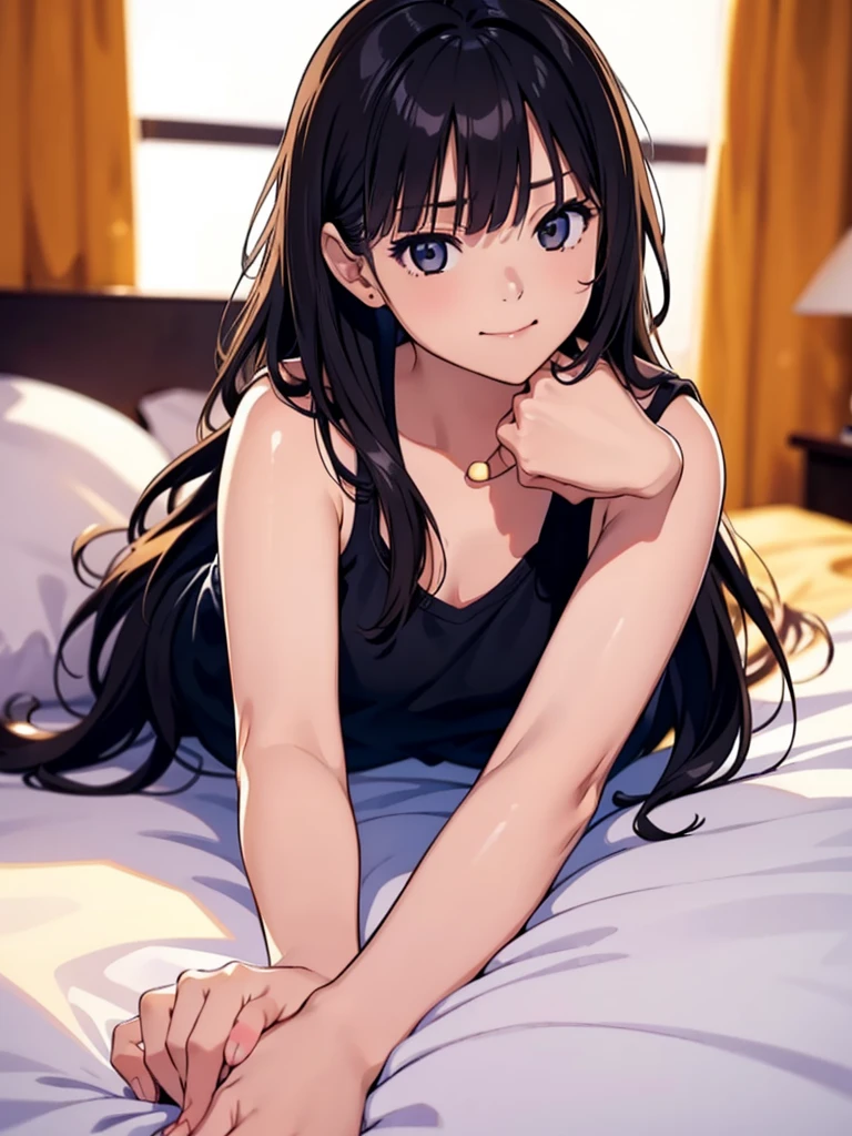 (A superb exquisite Chitanda Eru), (mature face), solo, intricate details, (finely detailed beautiful eyes: 1.2), purple eyes, long black hair, natural straight hair, straight bangs, solo, [Small_breasts: large_breasts: 0.5], normal breasts, extremely delicate, peerless beautiful girl, dreamy quality, exaggerated facial features, solid color, delicate face, bright lips, slender waist, straight curves, super fine, [8K full HD], (masterpiece:1.4), (((blush, timid smile, lying on bed)))
