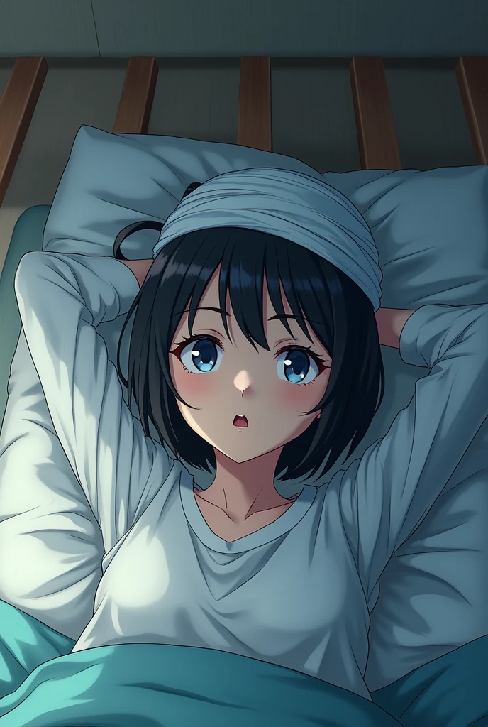 Anime girl with short black hair and her head wrapped in a bandage to avoid injury and the girl is 1 lying on the bed with her hands behind her head and looking at the surface with sharp features and wearing clothes similar to boys' clothes