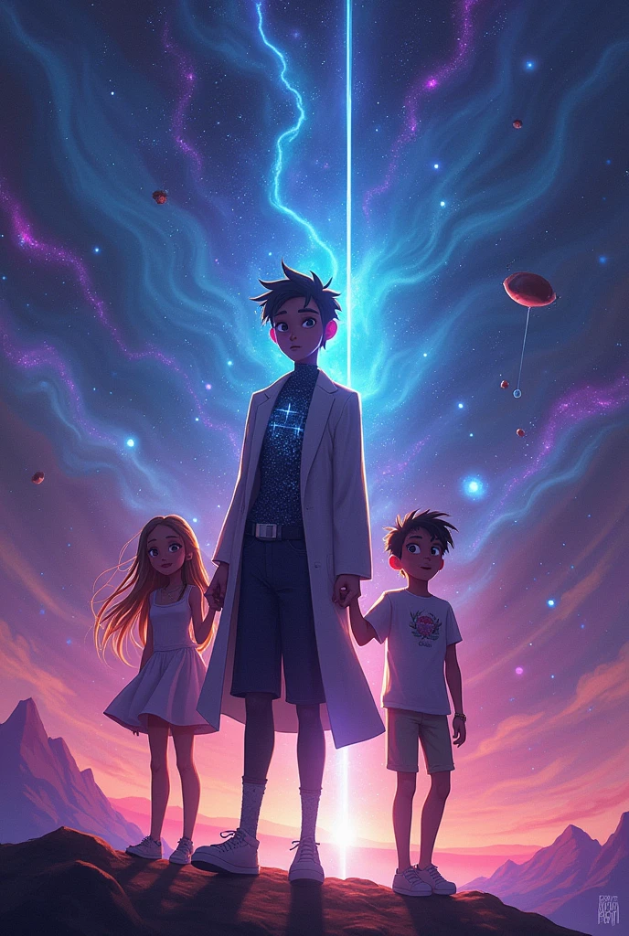 Background: A vast cosmos with galaxies and twinkling stars, creating a mystical atmosphere. Foreground: Elegant and charismatic young man, cosmic entity, magical entity , in the center, with a magnetic aura. Eloise: By his side, showing curiosity and independence, with a simple but elegant outfit. Jax: Teenager Bottom or background, with a comical appearance, adding lightness. Atmosphere: Vibrant colors for the characters, shadows and lights for the mysterious atmosphere, with bright flashes. Animation style