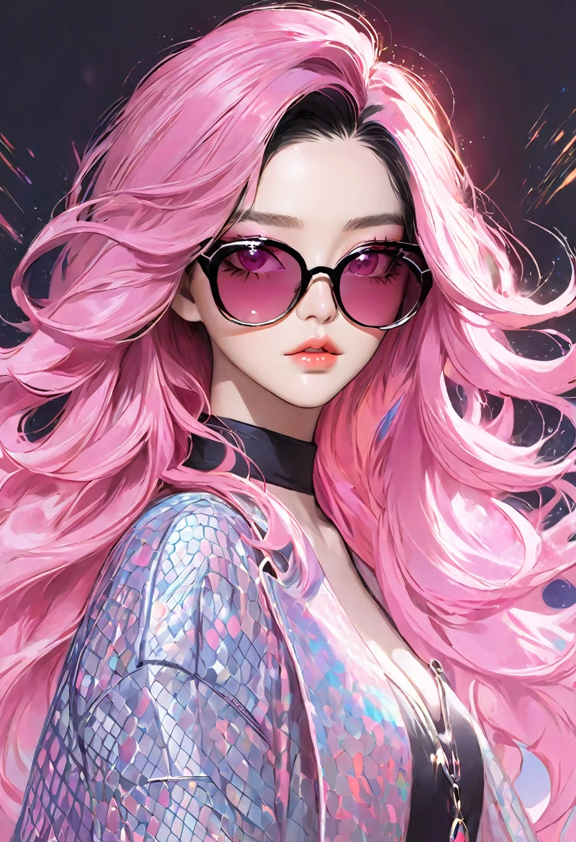 A beautiful girl with black hair, pink mesh hair and pink eyes, wearing sunglasses, a masterpiece, Korean-style eye makeup, mature, stylish