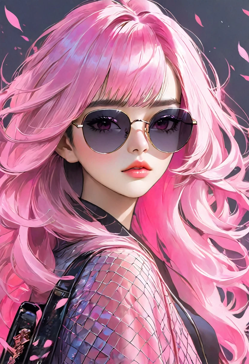 A beautiful girl with black hair, pink mesh hair and pink eyes, wearing sunglasses, a masterpiece, Korean-style eye makeup, mature, stylish