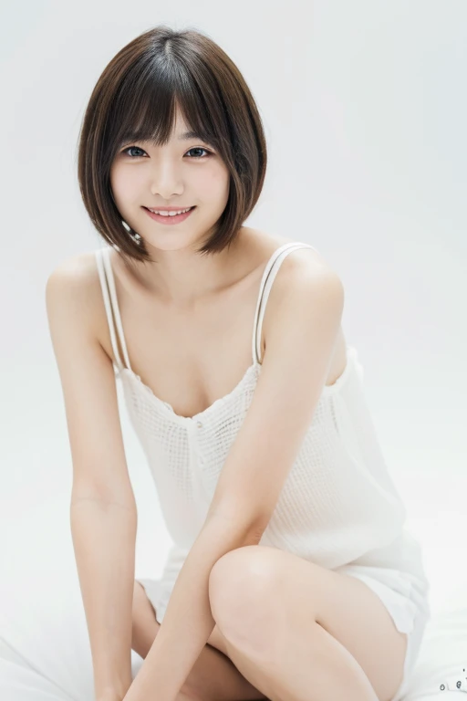 Young Japanese woman, 30s, white background, simple background, short bob hair, slender, 4K, 8K medium, high resolution, beautiful woman, beautiful eyes, simple, high resolution, alone, beautiful skin, beautiful skin, Smile, relax,