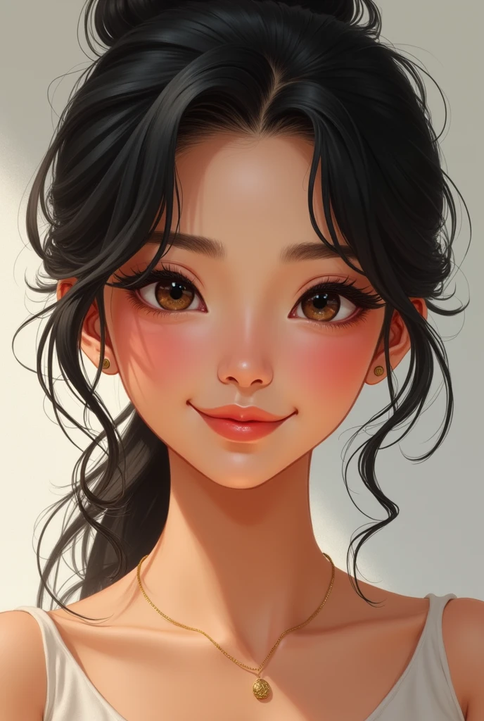 A girl's face with Carmel skin tone, soft arched eyebrow, medium thickness eyebrow, round almond eyes, smiling balanced lips, wavy black hair, front full puff hairstyle big forehead, sharp jaw line