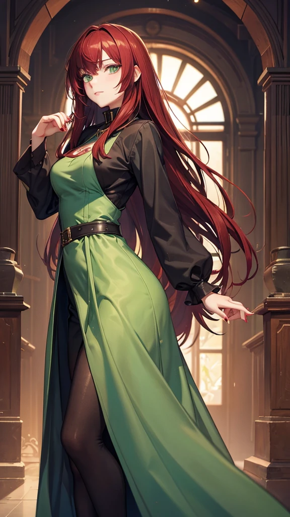 Young woman, Dark green eyes, dark red hair, full length, hand tattoos
